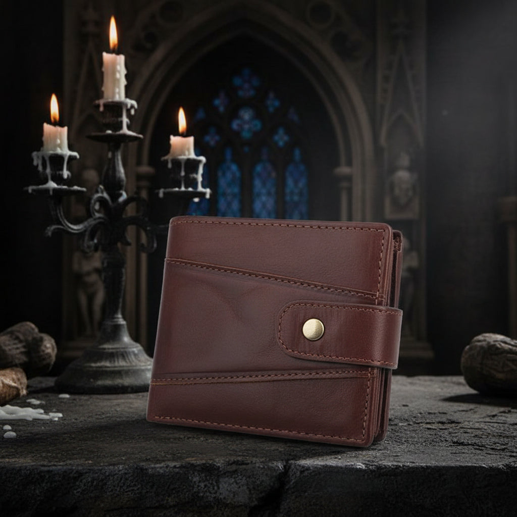 Brown leather wallet with RFID blocking feature on a white background