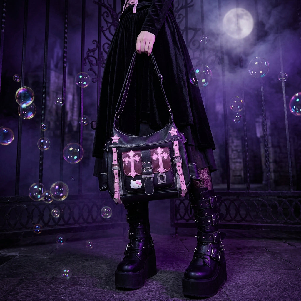 Person wearing a black and pink cross-patterned bag with white knee-high socks and black shoes.