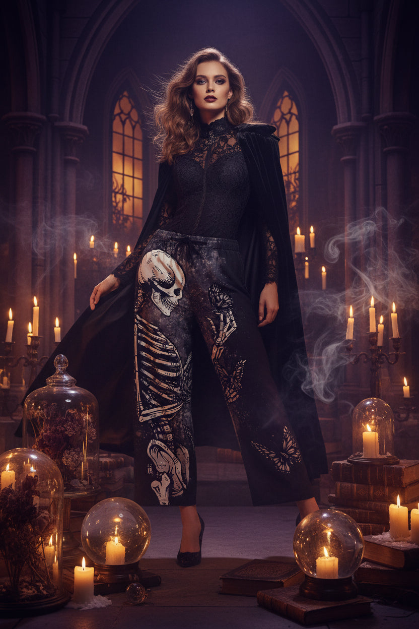 Black wide-leg shorts featuring a detailed white skeleton graphic on the left leg and butterfly illustrations on the right leg, with a black drawstring waist.
