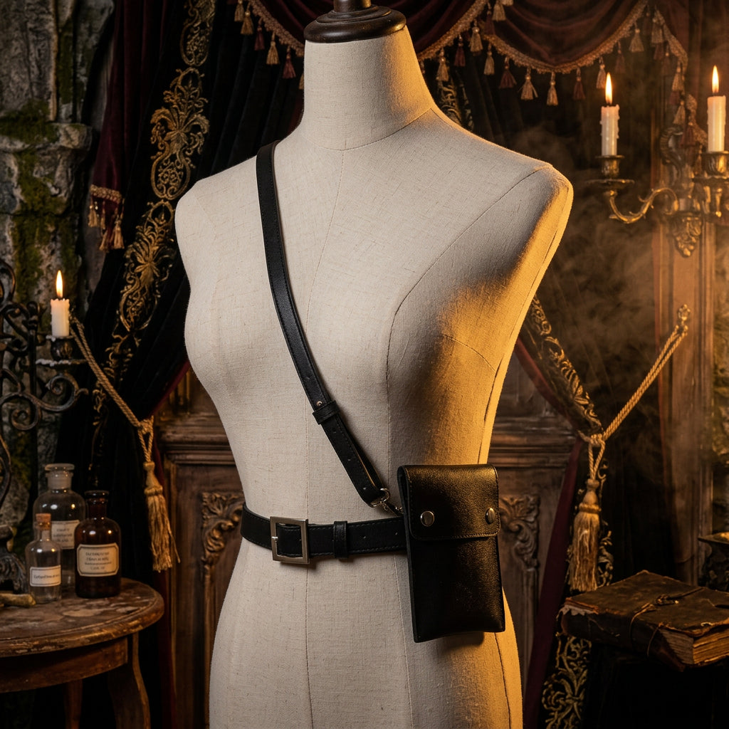 Black leather crossbody bag on a mannequin with a plain background