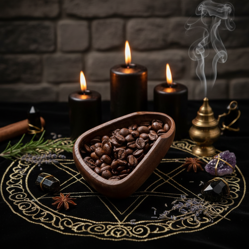 Roasted coffee beans in a heart-shaped wooden bowl on a rustic wooden surface.