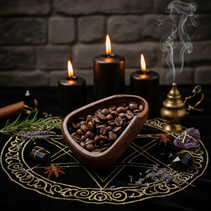 Roasted coffee beans in a heart-shaped wooden bowl on a rustic wooden surface.