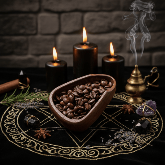 Roasted coffee beans in a heart-shaped wooden bowl on a rustic wooden surface.
