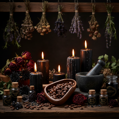 Roasted coffee beans in a heart-shaped wooden bowl on a rustic wooden surface.