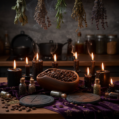 Roasted coffee beans in a heart-shaped wooden bowl on a rustic wooden surface.
