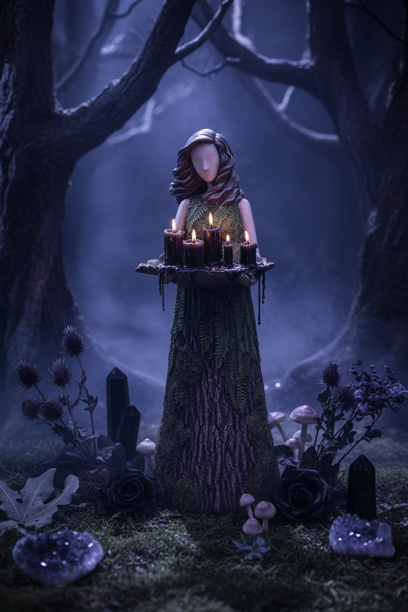 Frost Standing Girl Statue with Bird Feed Bowl Decor Sorceress Sanctuary