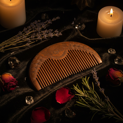 Wooden comb with intricate carvings on a white background