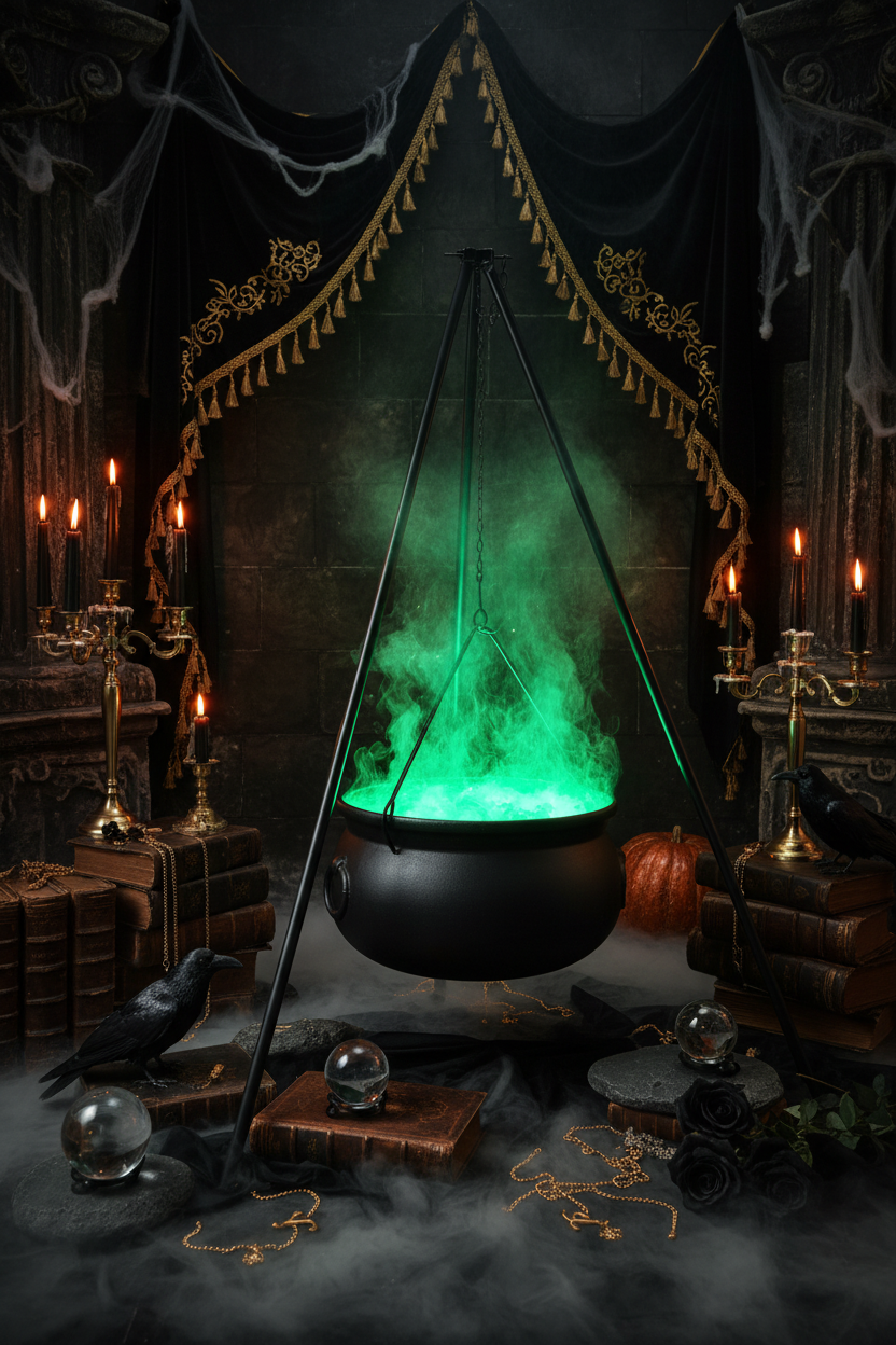 A Halloween cauldron hanging kit with a glowing green cauldron, black tripod stand, and faux fire logs, set in a decorated orange-lit porch yard.