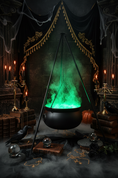 A Halloween cauldron hanging kit with a glowing green cauldron, black tripod stand, and faux fire logs, set in a decorated orange-lit porch yard.
