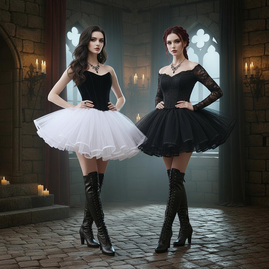 Two tutu skirt mannequins in a bright room. One mannequin wears a white tulle tutu skirt, and the other wears a black tulle tutu skirt.
