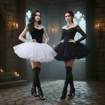 Two tutu skirt mannequins in a bright room. One mannequin wears a white tulle tutu skirt, and the other wears a black tulle tutu skirt.