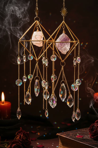 Decorative hanging crystal with gold frame and pink stones against a neutral background