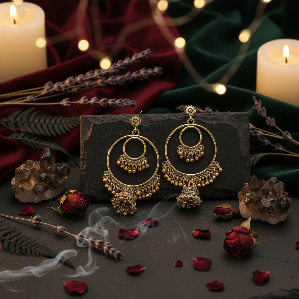 Three pairs of dangling hoop earrings arranged on a light speckled surface. Two pairs are gold-toned and one pair is silver-toned, with circular hoops and beaded tassel charms.