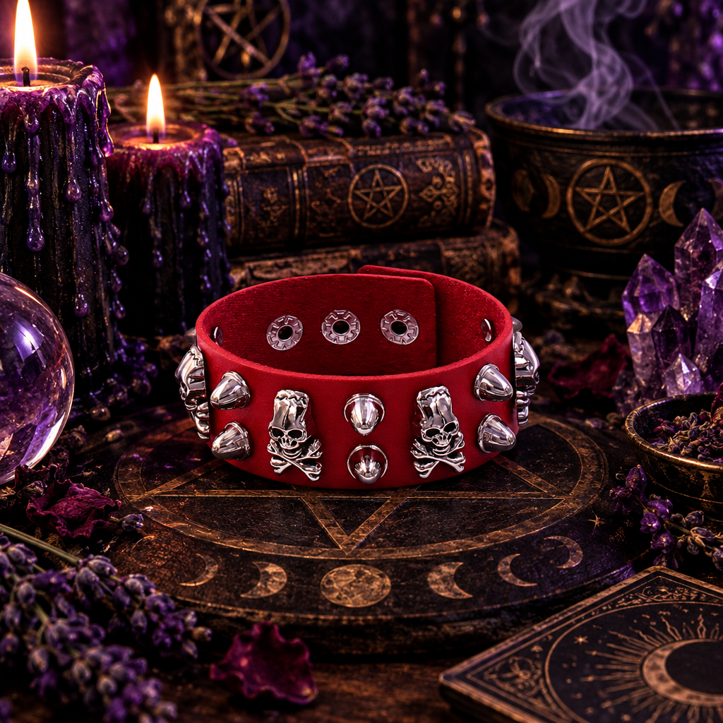 Red leather bracelet with silver skull and crossbones studs on a white background