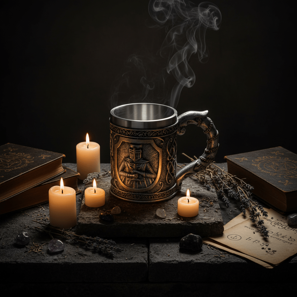 Decorative metal mug with intricate designs and a handle on a white background