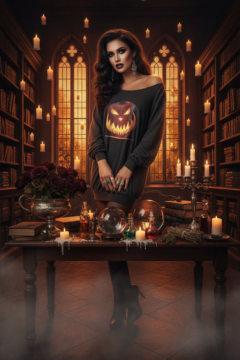 A dark gray off-the-shoulder long-sleeve sweatshirt featuring a large graphic print of a glowing jack-o'-lantern pumpkin on the front, set against a plain white background.