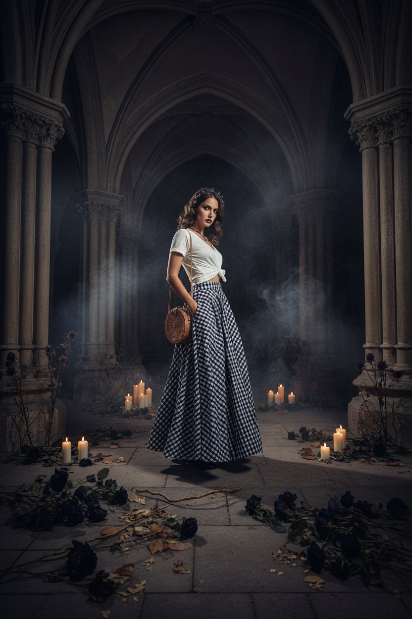 Person wearing a blue and white checkered skirt with a white top and holding a round woven bag on a neutral background.
