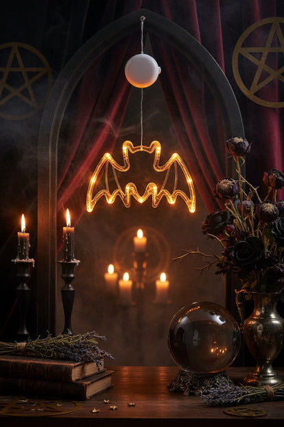 A bat-shaped LED light decoration with warm orange glowing bulbs, suspended from a round moon-shaped bulb against a dark, softly blurred nighttime background. A label in the top left reads 'Type C - Bat'.