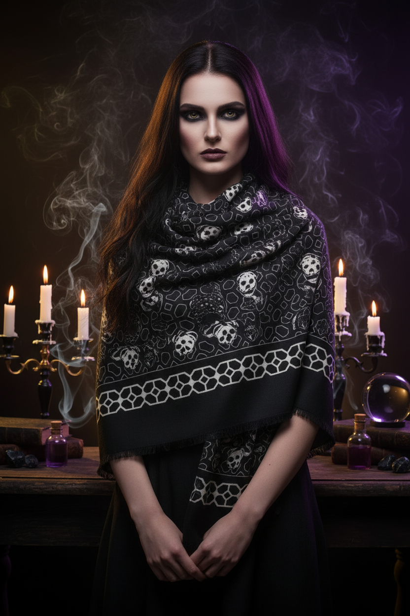 Halloween Skull Scarf - Black and White Design Sorceress Sanctuary