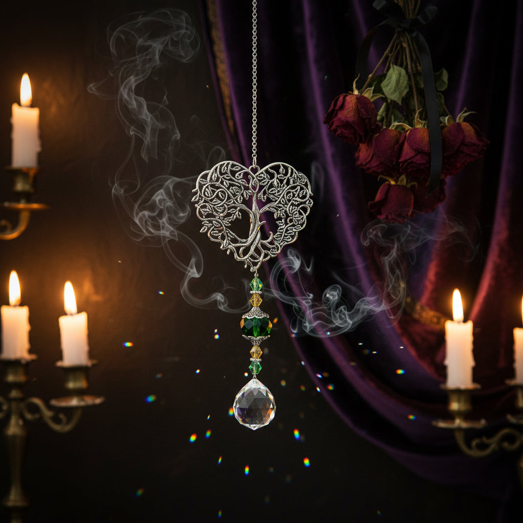 Decorative hanging heart-shaped ornament with crystals in a garden setting