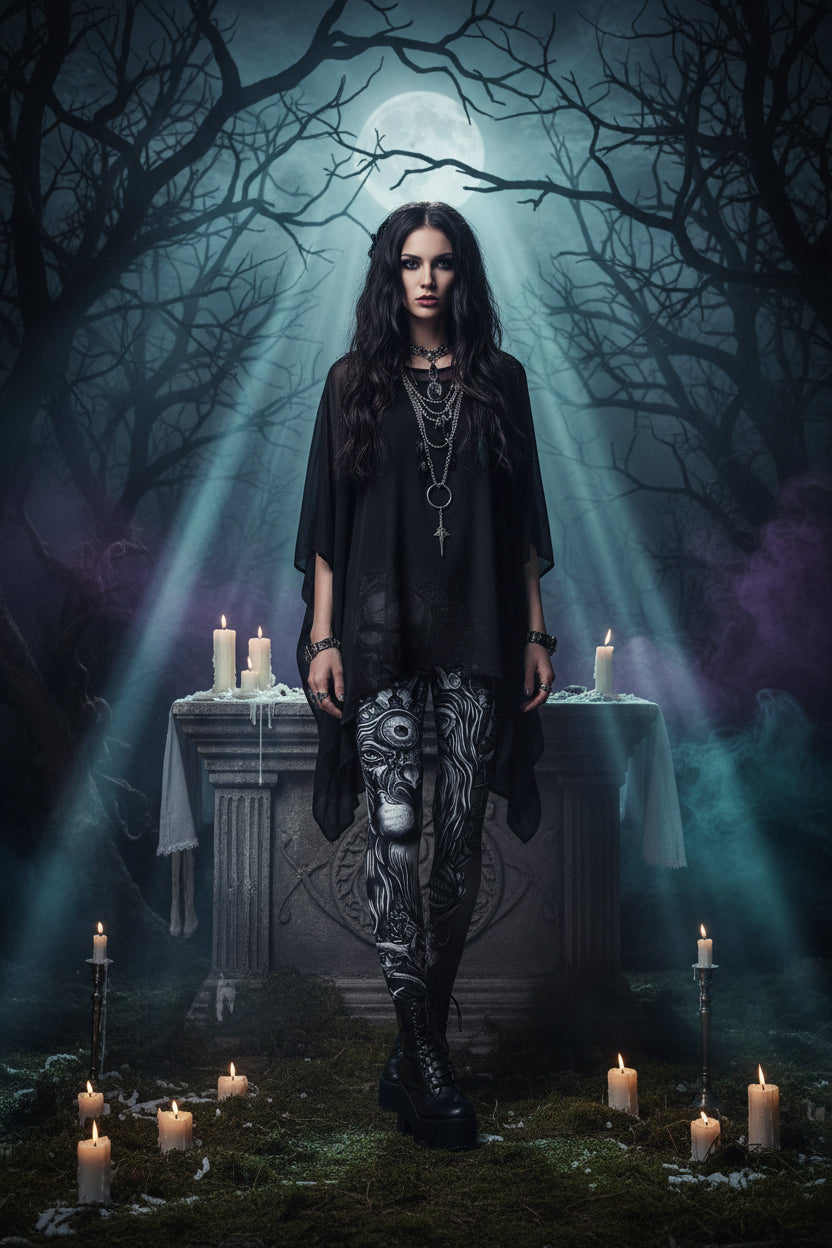 Digital Print Yoga Leggings with Skull Design for Women Sorceress Sanctuary