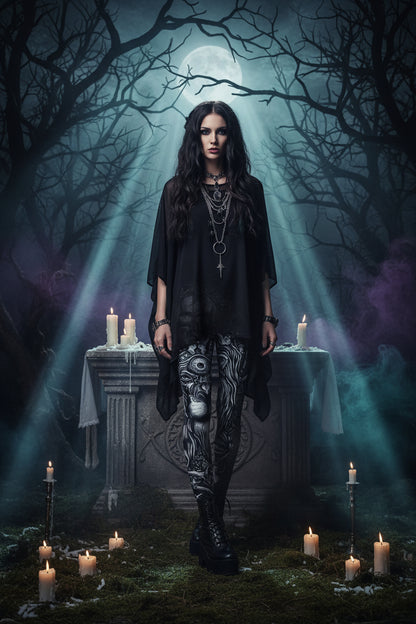 Digital Print Yoga Leggings with Skull Design for Women Sorceress Sanctuary
