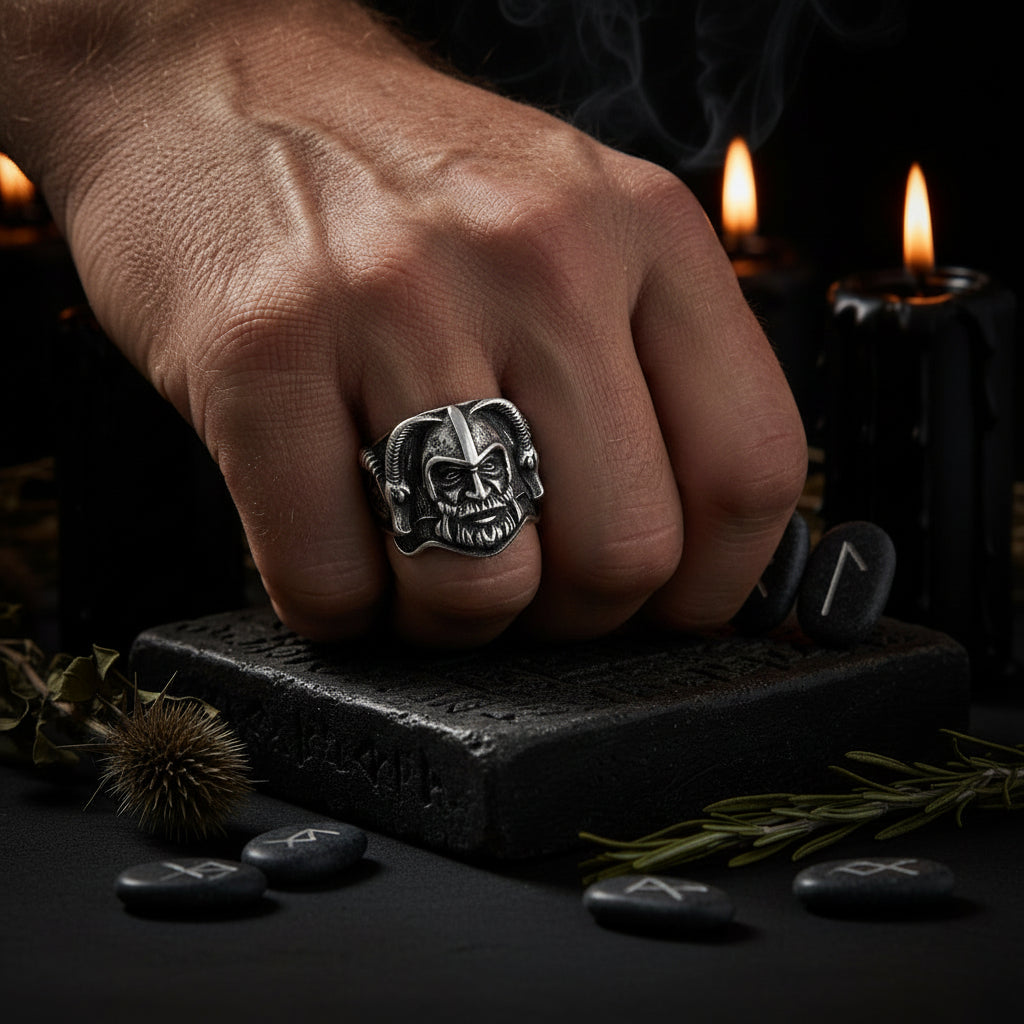 A silver-toned Viking ring featuring a highly detailed horned helmet and face design, displayed on a reflective black surface.