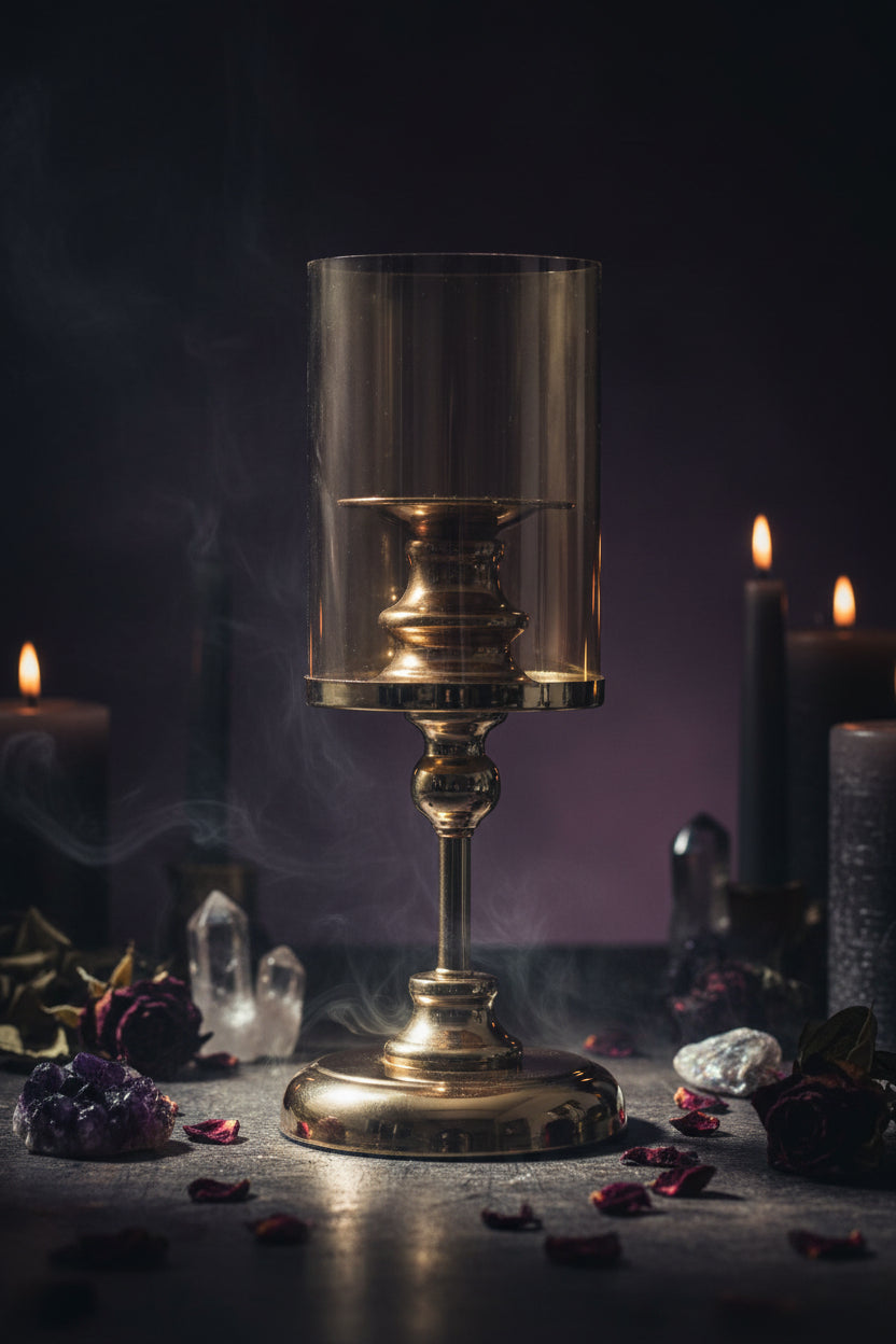 Gold candle holder with a clear glass cover on a white background