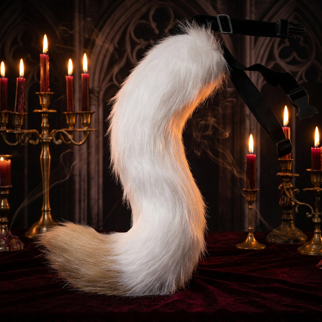 Fur tail with a black strap on a white background