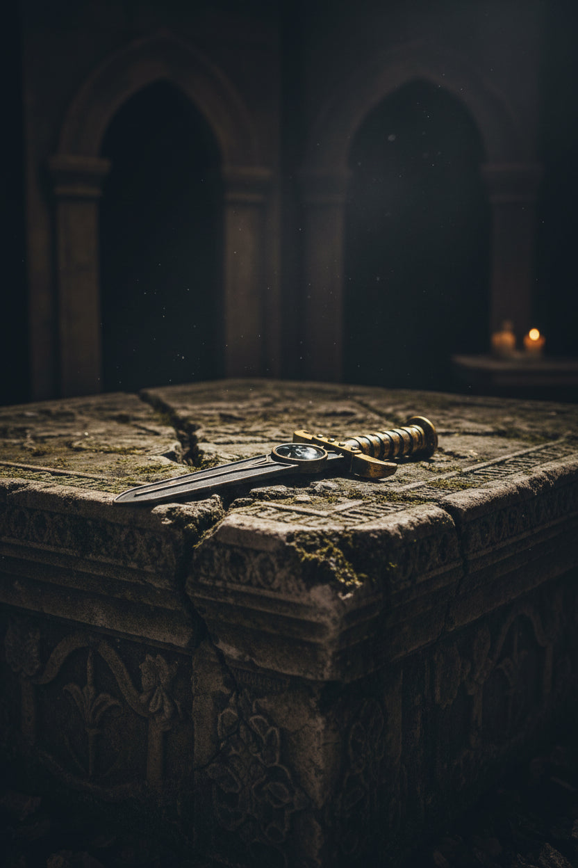 A decorative dagger or letter opener with a black blade, gold-toned hilt, and a skull emblem on the crossguard, shown against a plain white background.