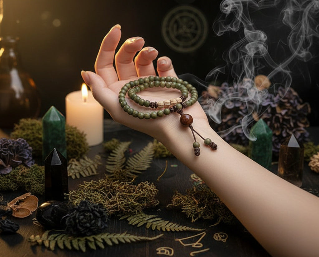 Hand holding a green beaded bracelet with a dark background