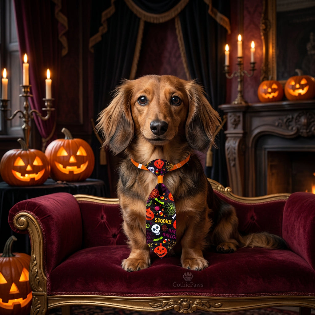 Halloween-themed bow tie with colorful design on a white background