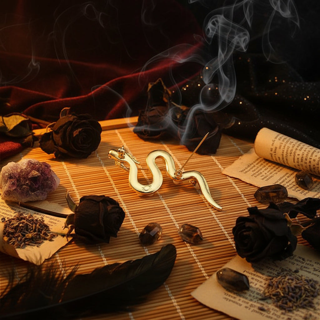 Gold snake-shaped earring on a wooden surface