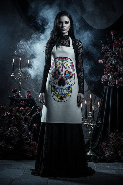 Beige apron with a colorful sugar skull design on a white background