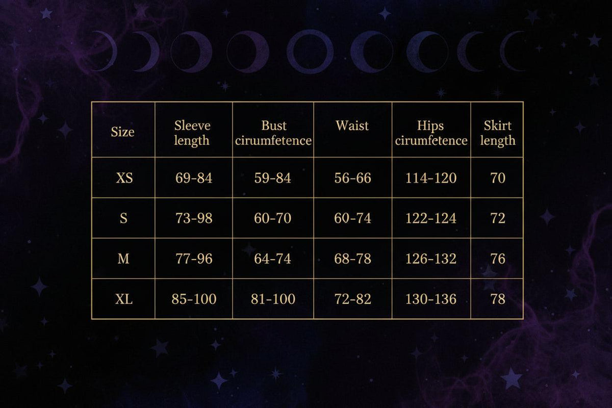 A size chart table showing measurements for sizes XS through XL, including sleeve length, bust length, waist, hip circumference, and skirt length.