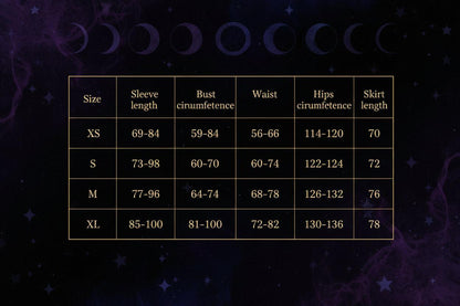 A size chart table showing measurements for sizes XS through XL, including sleeve length, bust length, waist, hip circumference, and skirt length.