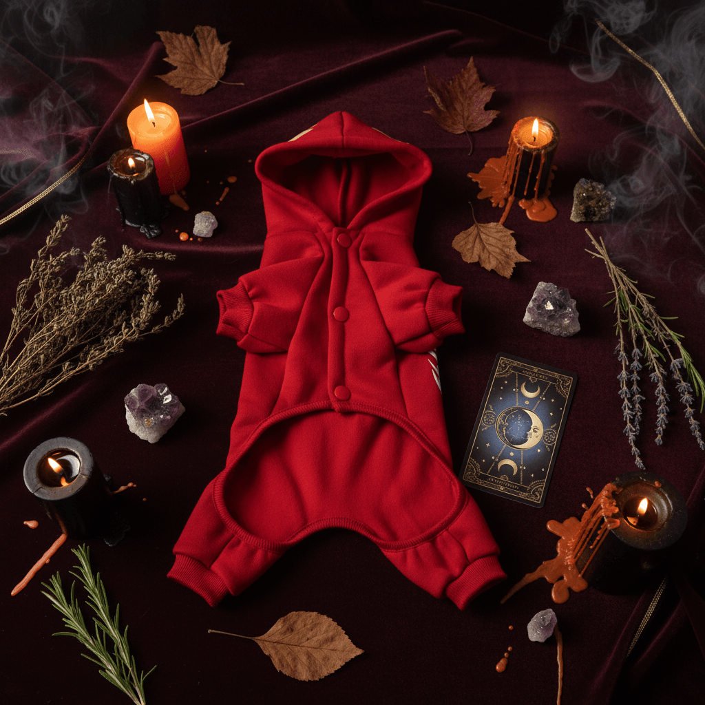 A bright red pet hoodie sweatshirt with short sleeves, a hood, and snap-button front closure, shown on a plain white background.