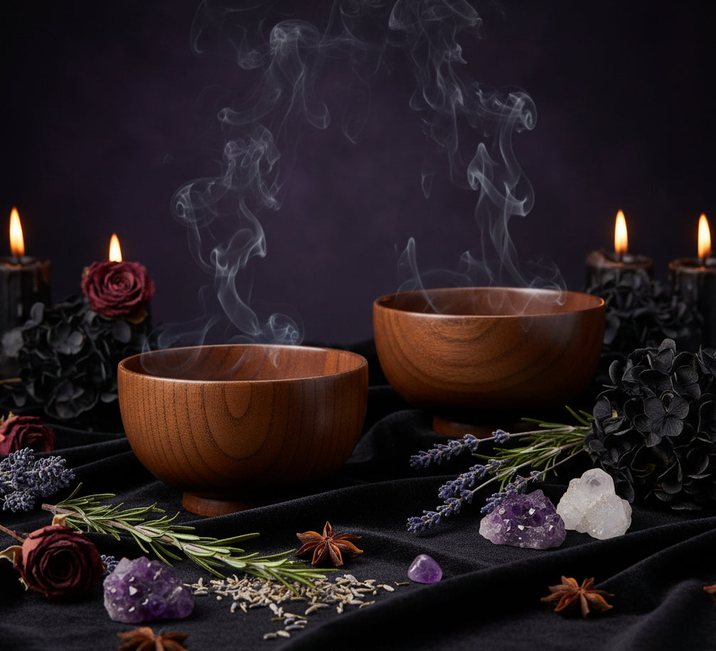 Two wooden bowls on a white background
