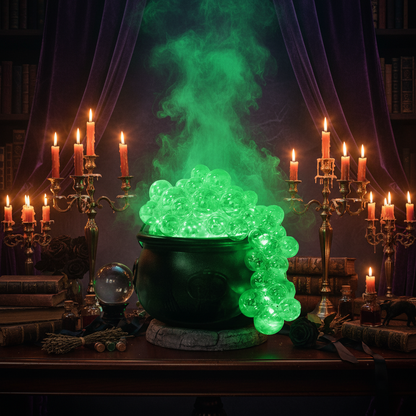 Halloween-themed room with a glowing green cauldron and decorations.