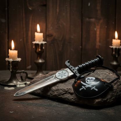A toy pirate costume accessory set featuring a silver and black plastic sword on the left and a black pirate eye patch with a white skull and crossbones design on the right, shown against a plain white background.