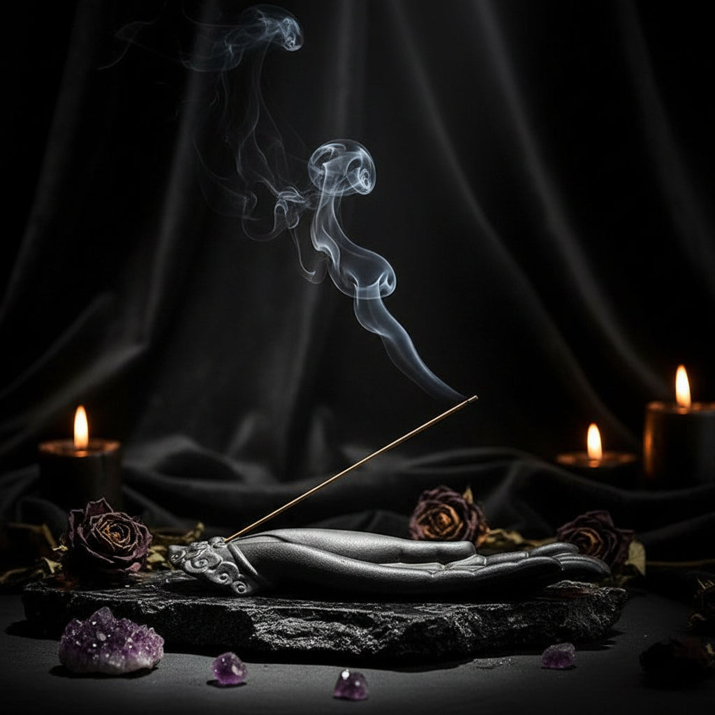 A smoking incense stick rests in a dark sculpted hand-shaped holder on a wooden table, with an open book and blurred background elements.