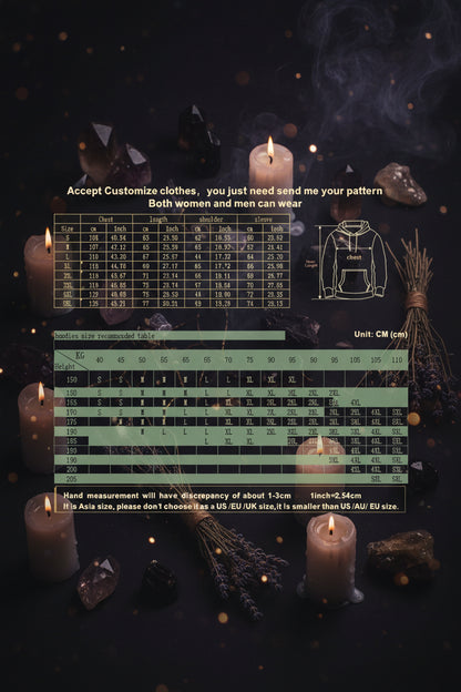 A size guide and measurement chart for a custom hoodie, showing a chest measurement table, a recommended size chart, and a small diagram of a hoodie with a chest measurement marker.