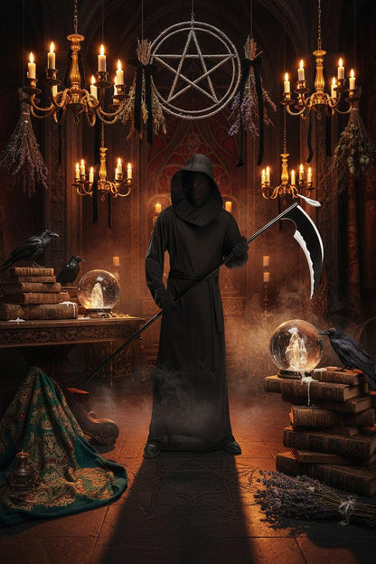 Person wearing a black hooded robe and holding a scythe on a white background