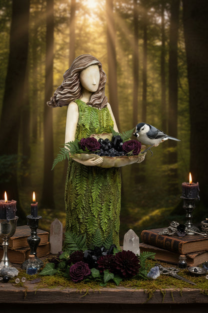 Frost Standing Girl Statue with Bird Feed Bowl Decor Sorceress Sanctuary