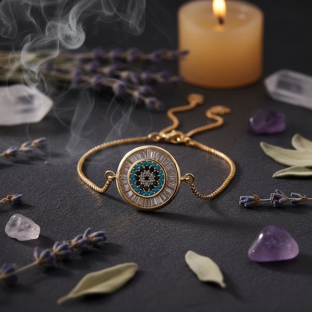A gold-tone circular pendant necklace with an evil eye design, featuring turquoise blue, black, and clear crystal details, resting on a white ceramic dish against a dark background.