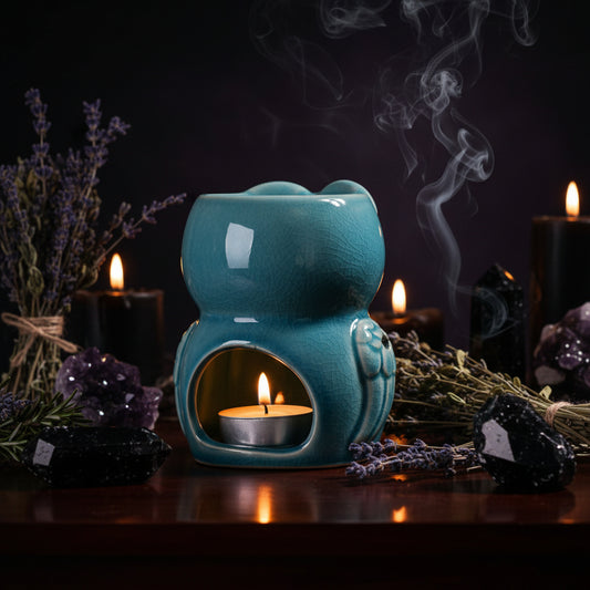 Blue owl-shaped ceramic oil burner with a lit candle inside, next to a yellow owl-shaped ceramic item on a wooden surface.
