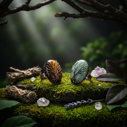 Two wire-wrapped rings on a white background, one featuring a polished tiger's eye stone and the other a green stone.
