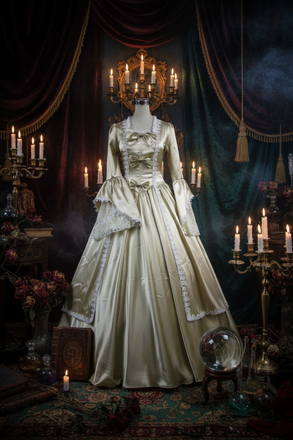 Vintage-style dress with lace details on a gray background