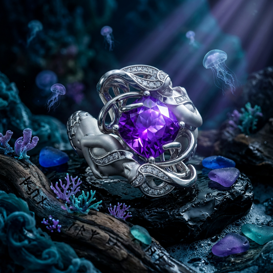 Silver ring with a purple gemstone on a white background