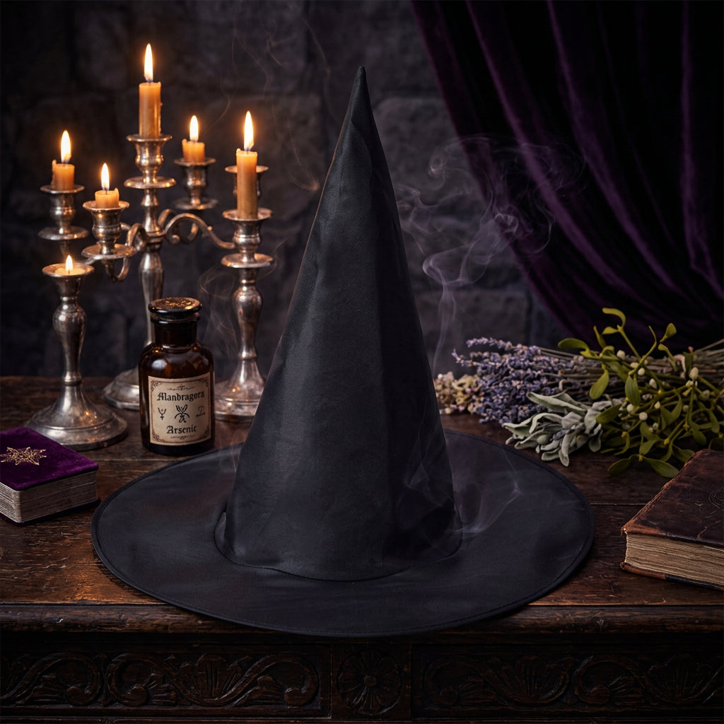 Black witch hat on a white background